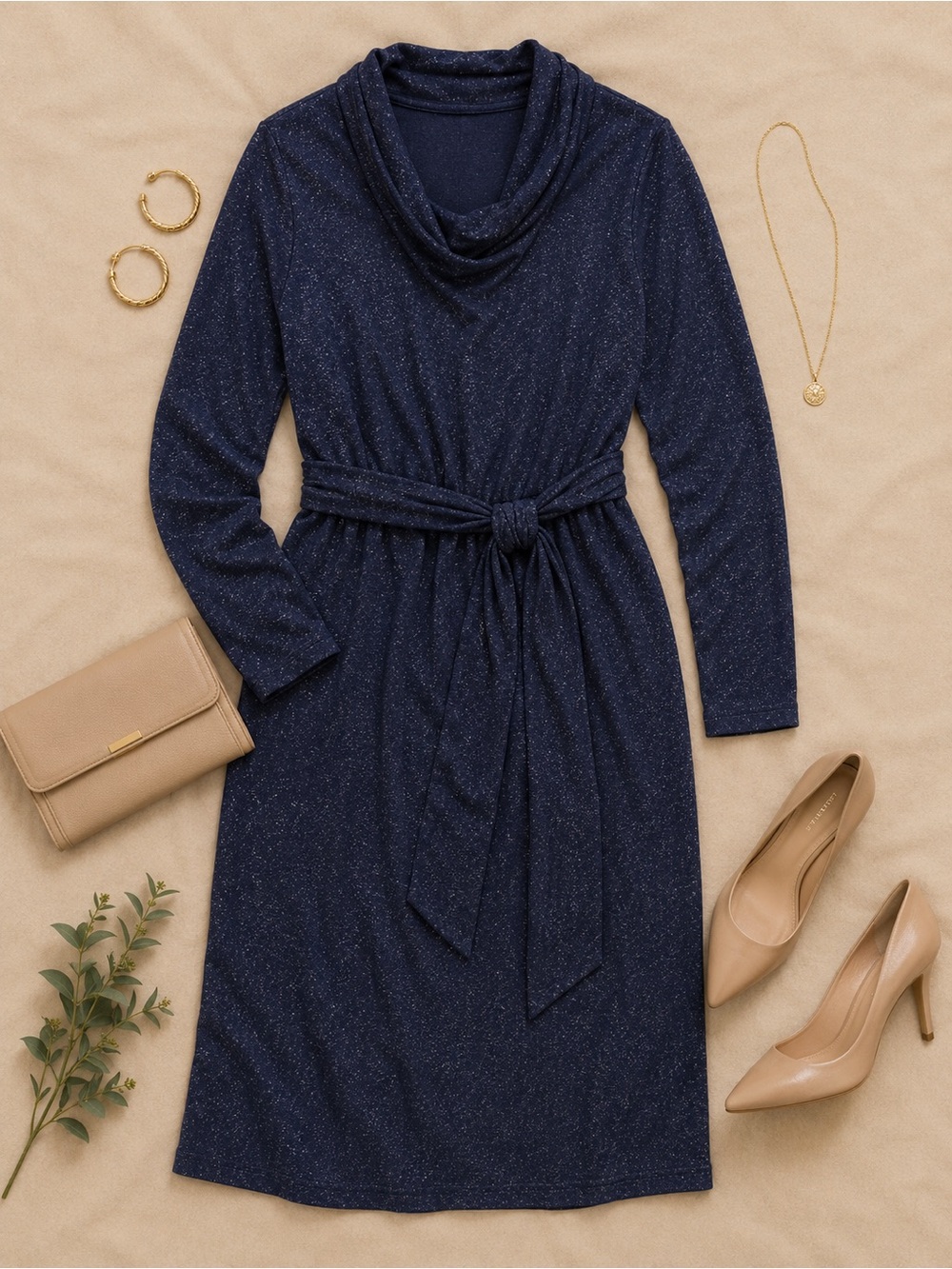 Market & Spruce Navy Shimmer Midi Dress | Long Sleeve Tie Waist Dress | Elegant